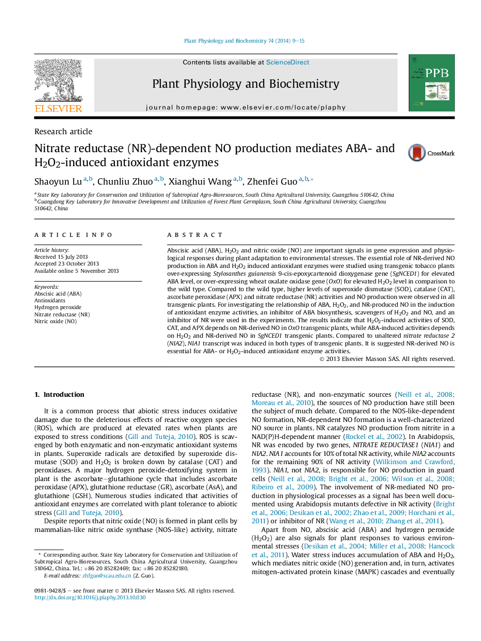 Nitrate reductase (NR)-dependent NO production mediates ABA- and H2O2-induced antioxidant enzymes