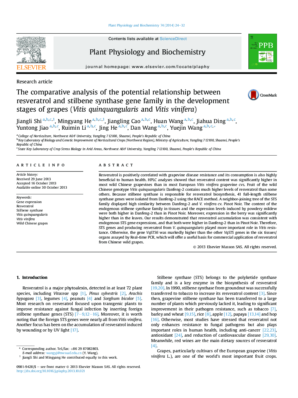 The comparative analysis of the potential relationship between resveratrol and stilbene synthase gene family in the development stages of grapes (Vitis quinquangularis and Vitis vinifera)