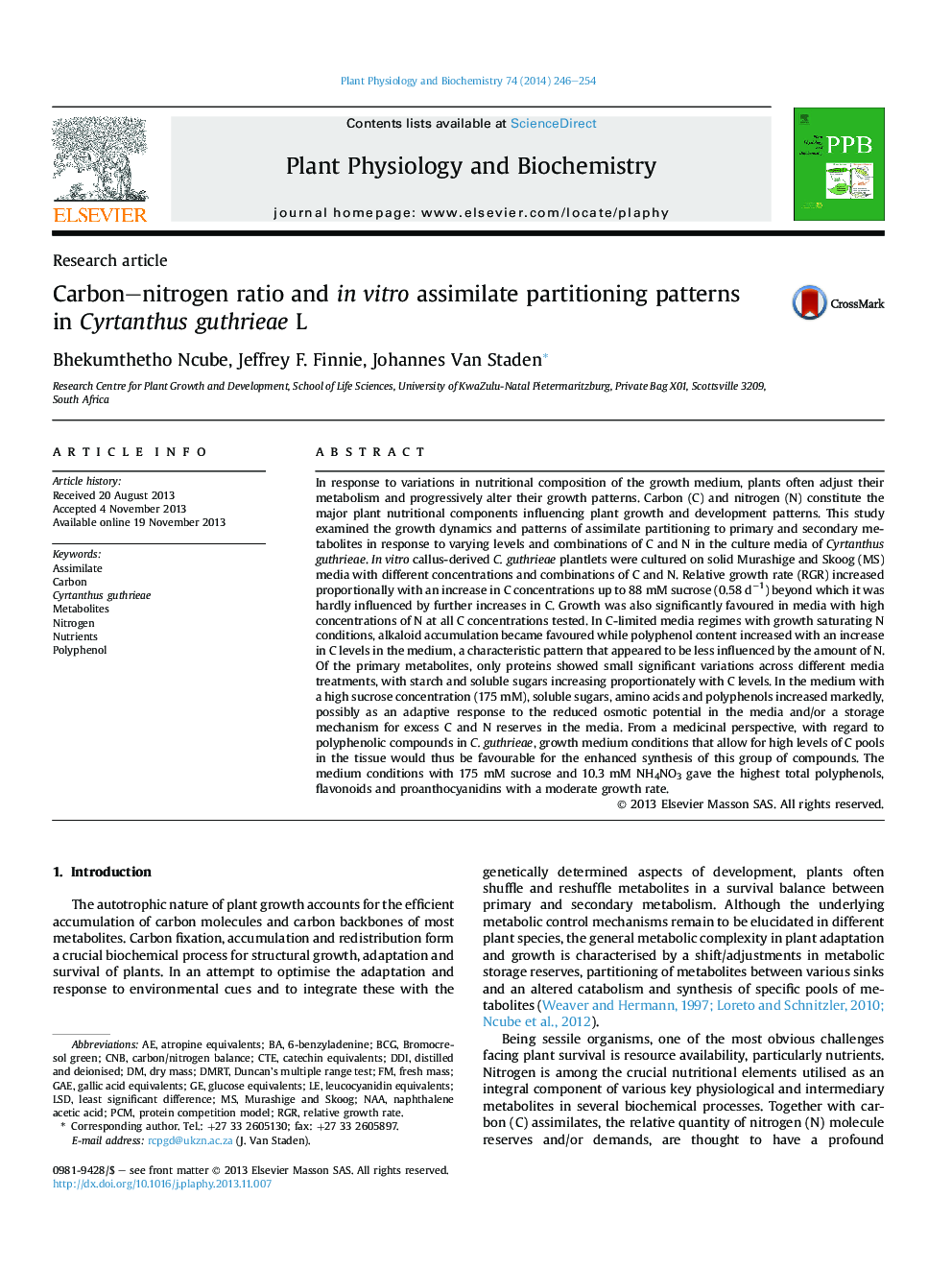 Carbon–nitrogen ratio and in vitro assimilate partitioning patterns in Cyrtanthus guthrieae L