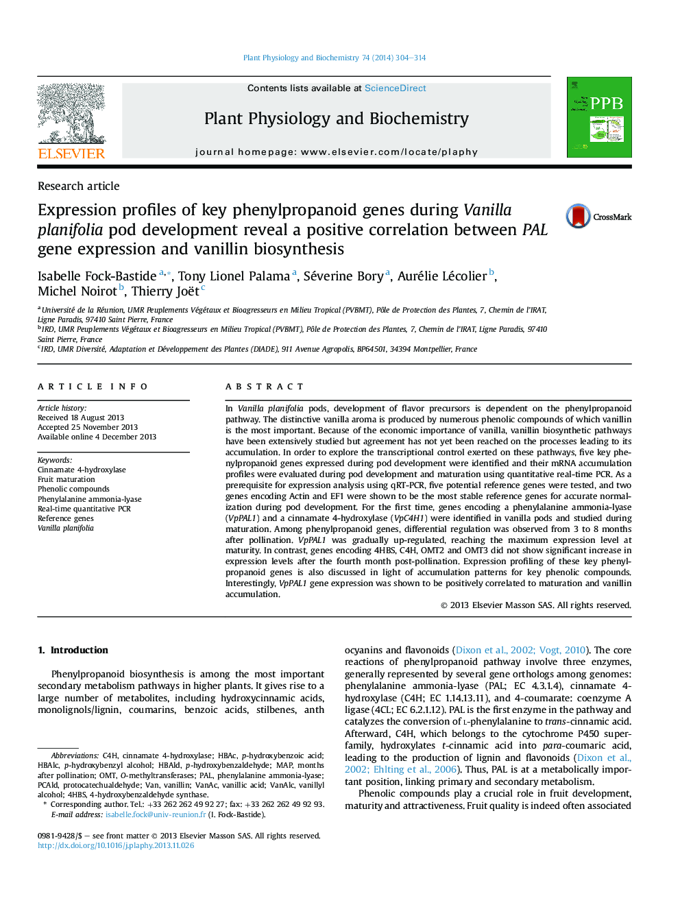 Expression profiles of key phenylpropanoid genes during Vanilla planifolia pod development reveal a positive correlation between PAL gene expression and vanillin biosynthesis