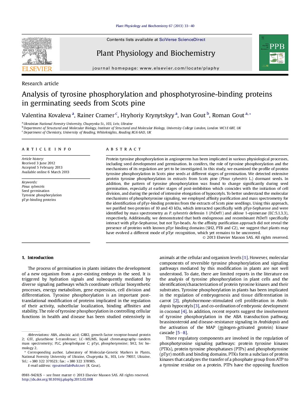 Analysis of tyrosine phosphorylation and phosphotyrosine-binding proteins in germinating seeds from Scots pine