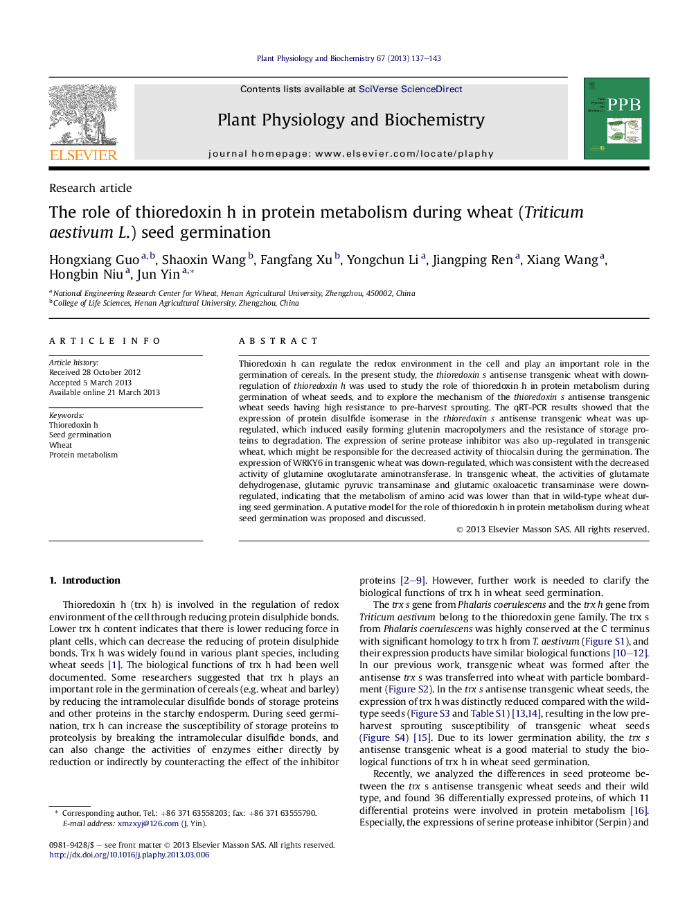 The role of thioredoxin h in protein metabolism during wheat (Triticum aestivum L.) seed germination