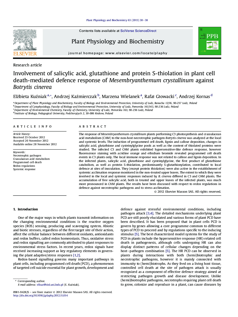 Involvement of salicylic acid, glutathione and protein S-thiolation in plant cell death-mediated defence response of Mesembryanthemum crystallinum against Botrytis cinerea