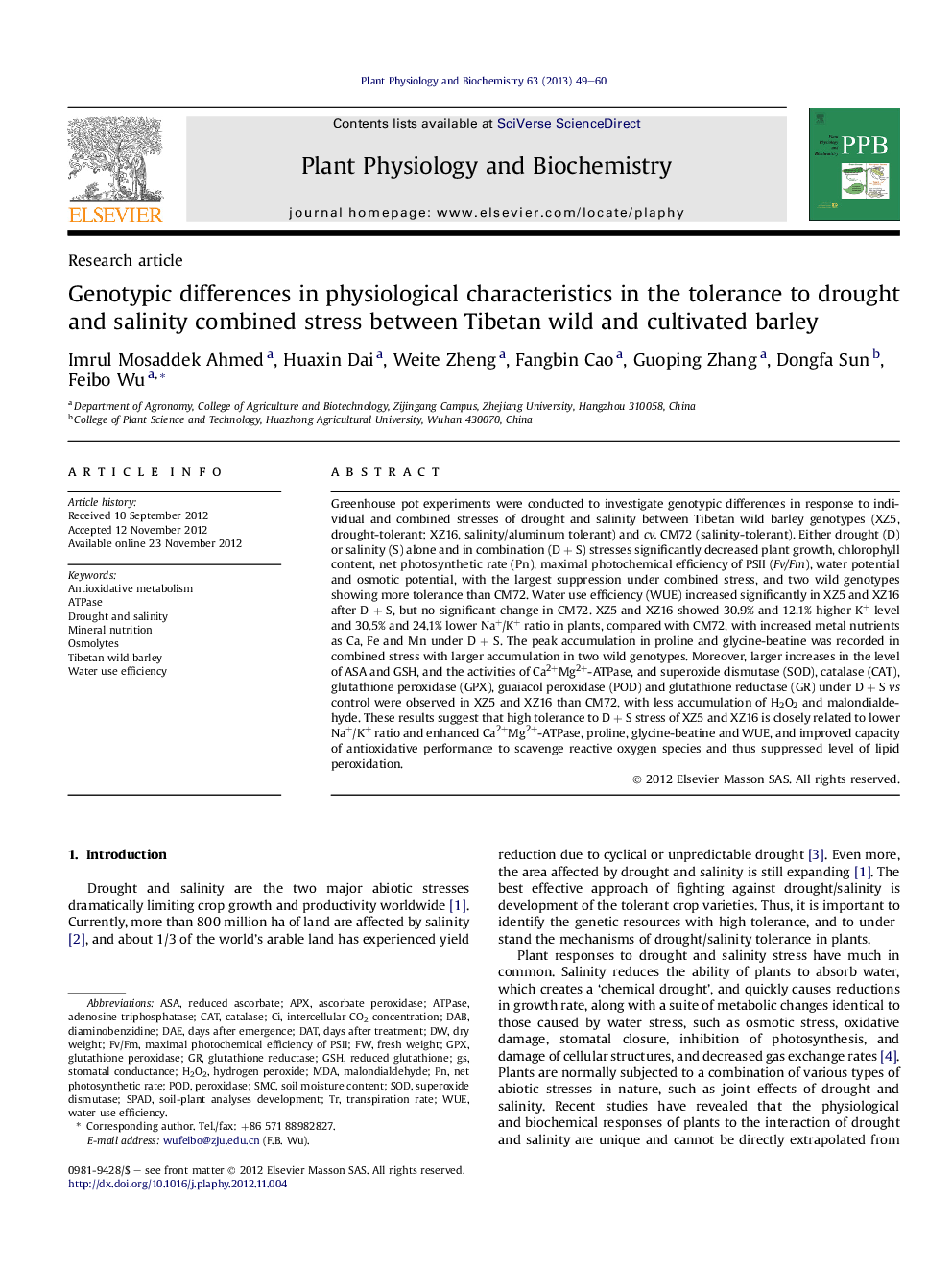 Genotypic differences in physiological characteristics in the tolerance to drought and salinity combined stress between Tibetan wild and cultivated barley