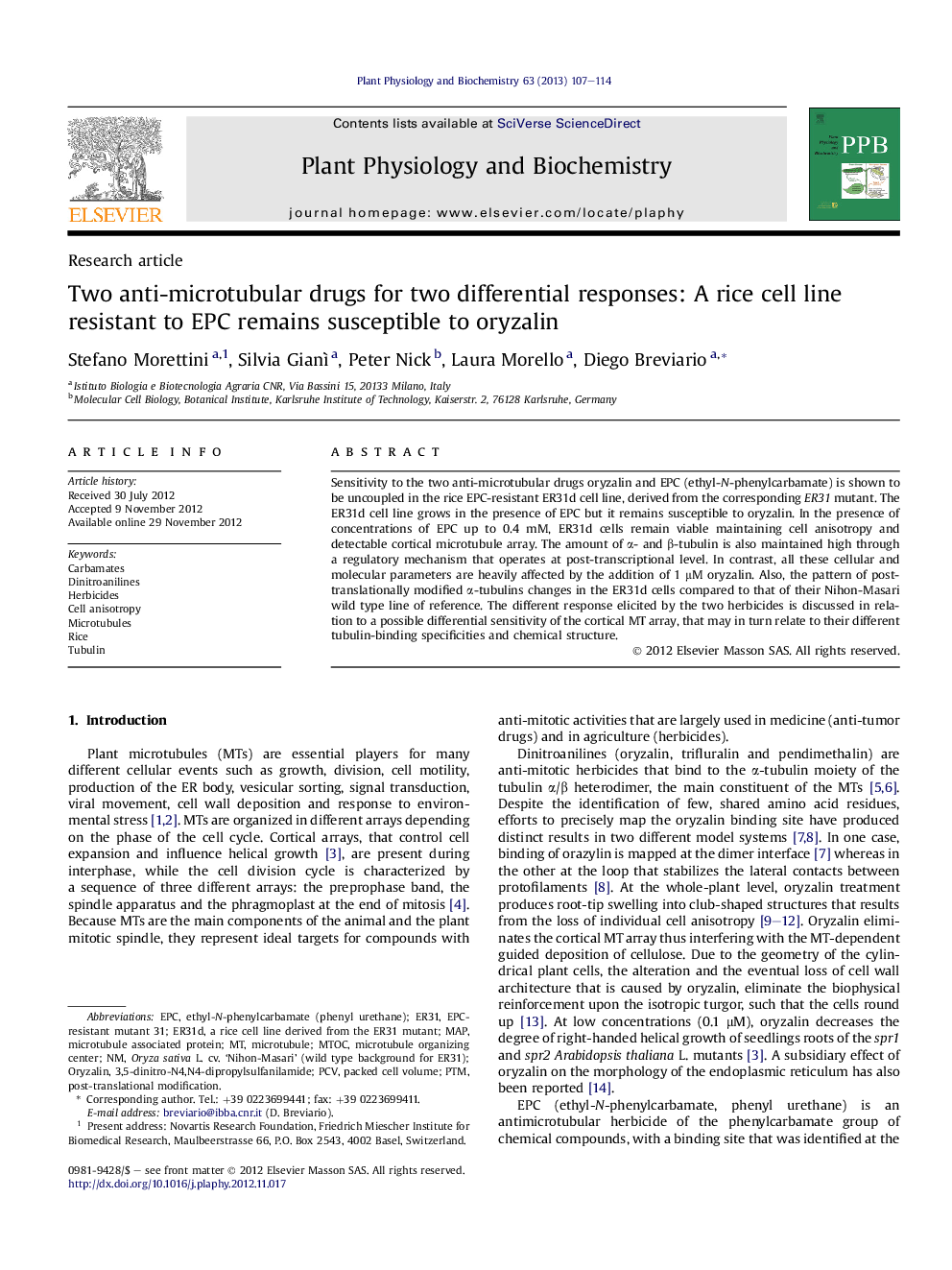 Two anti-microtubular drugs for two differential responses: A rice cell line resistant to EPC remains susceptible to oryzalin