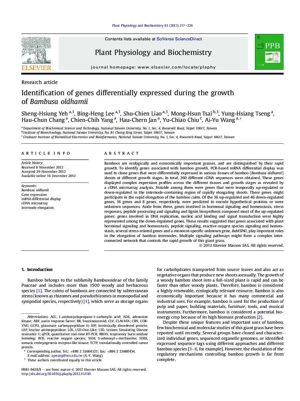 Identification of genes differentially expressed during the growth of Bambusa oldhamii