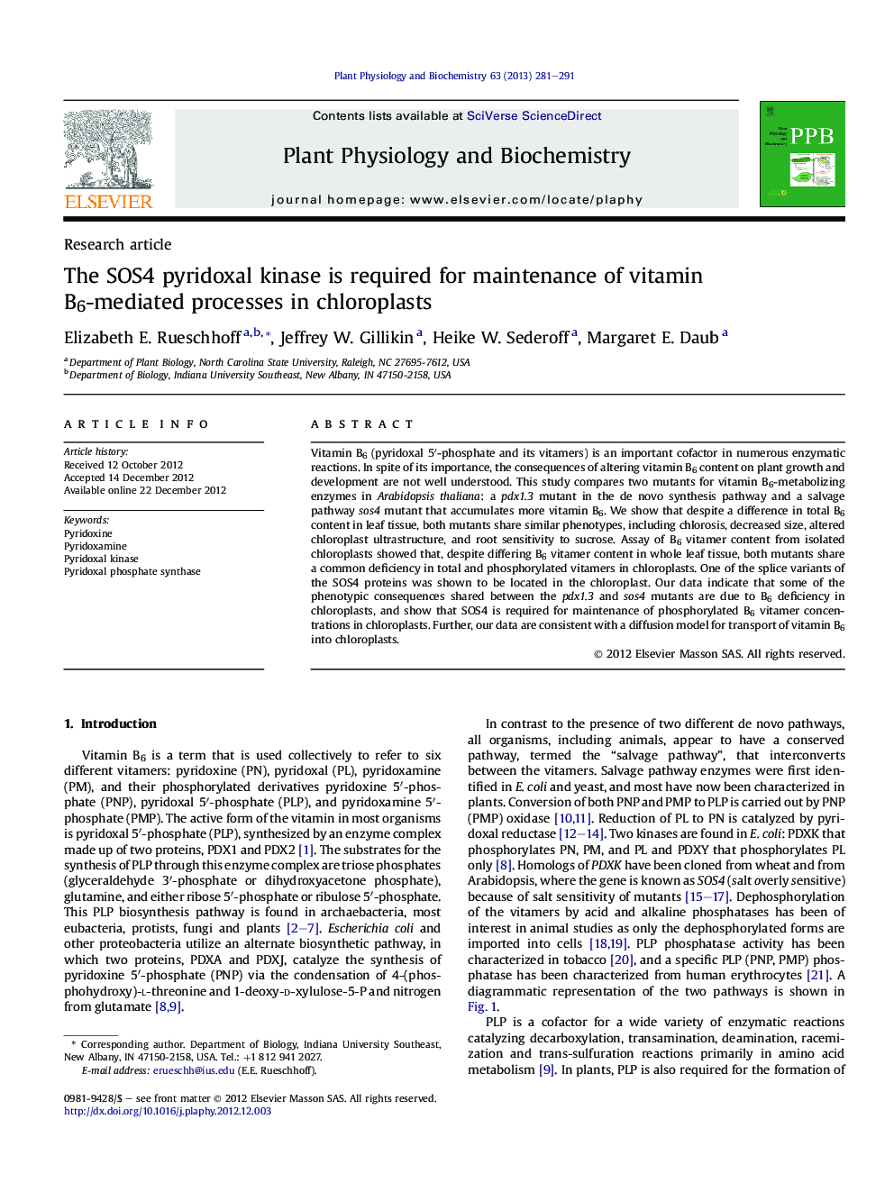 The SOS4 pyridoxal kinase is required for maintenance of vitamin B6-mediated processes in chloroplasts