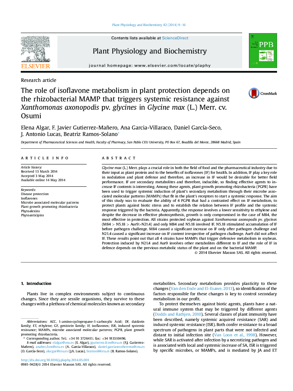 The role of isoflavone metabolism in plant protection depends on the rhizobacterial MAMP that triggers systemic resistance against Xanthomonas axonopodis pv. glycines in Glycine max (L.) Merr. cv. Osumi