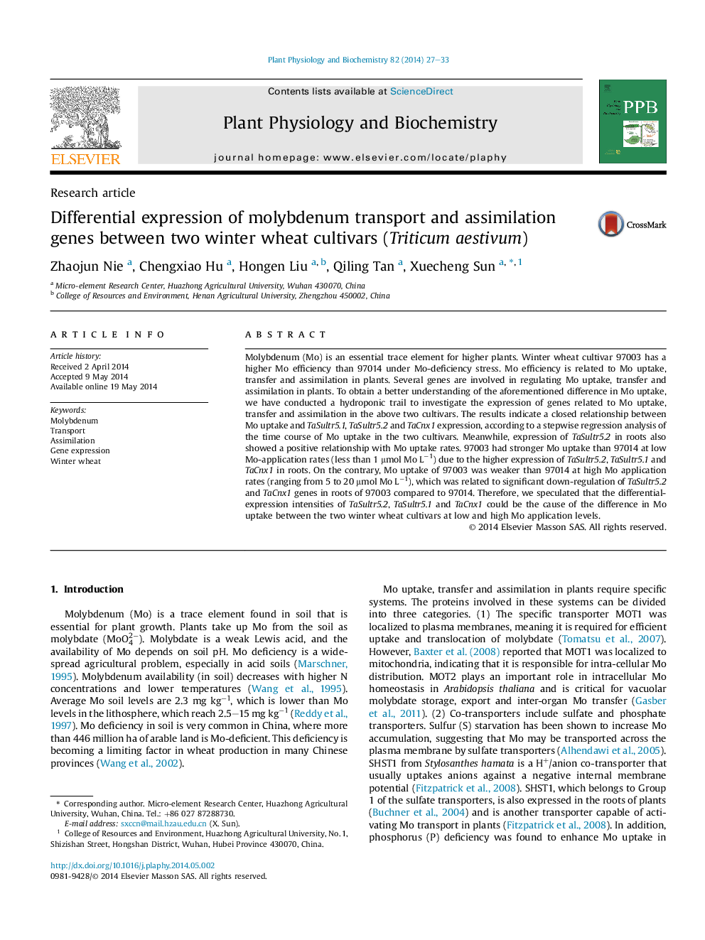 Differential expression of molybdenum transport and assimilation genes between two winter wheat cultivars (Triticum aestivum)