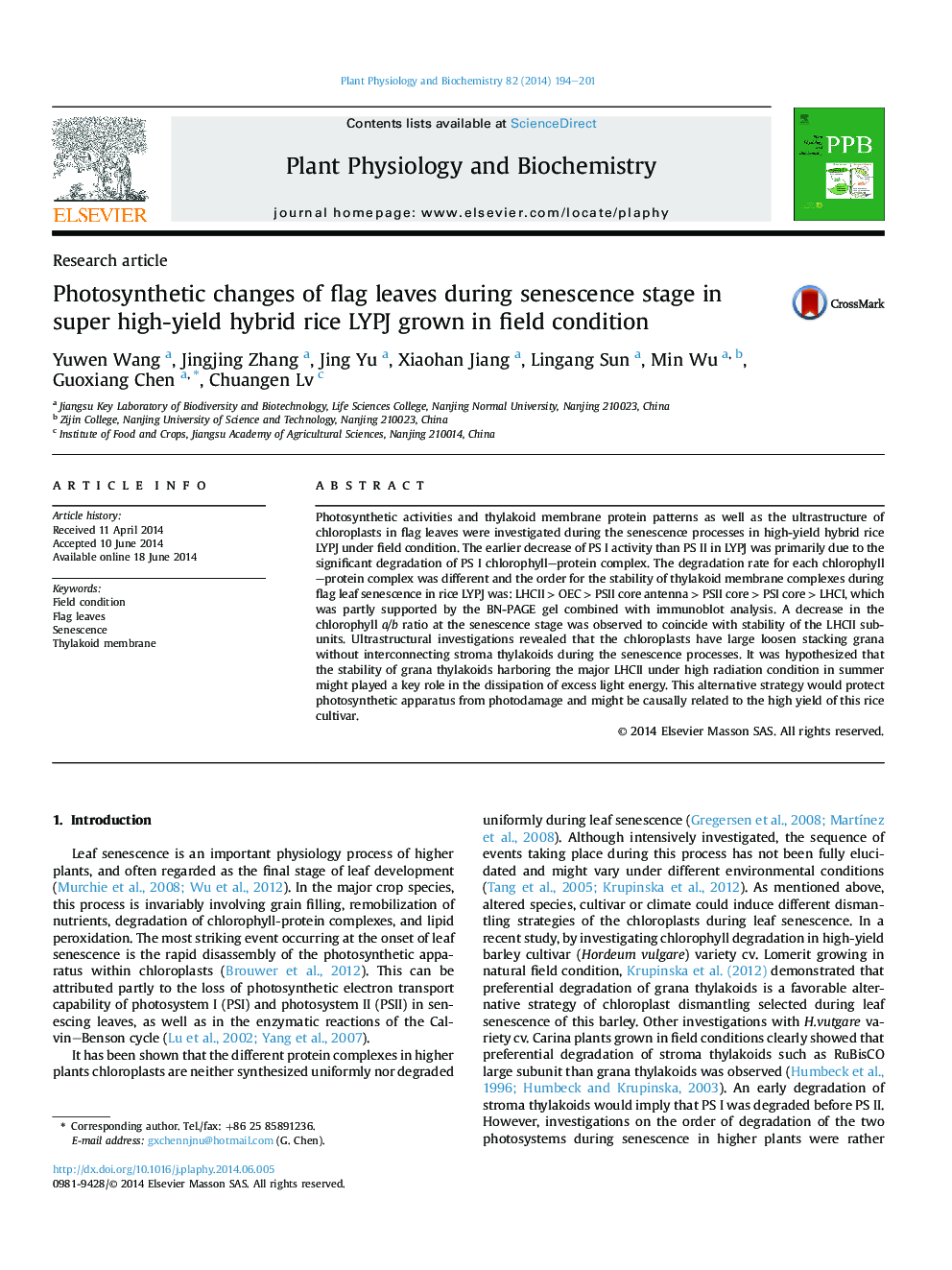 Photosynthetic changes of flag leaves during senescence stage in super high-yield hybrid rice LYPJ grown in field condition