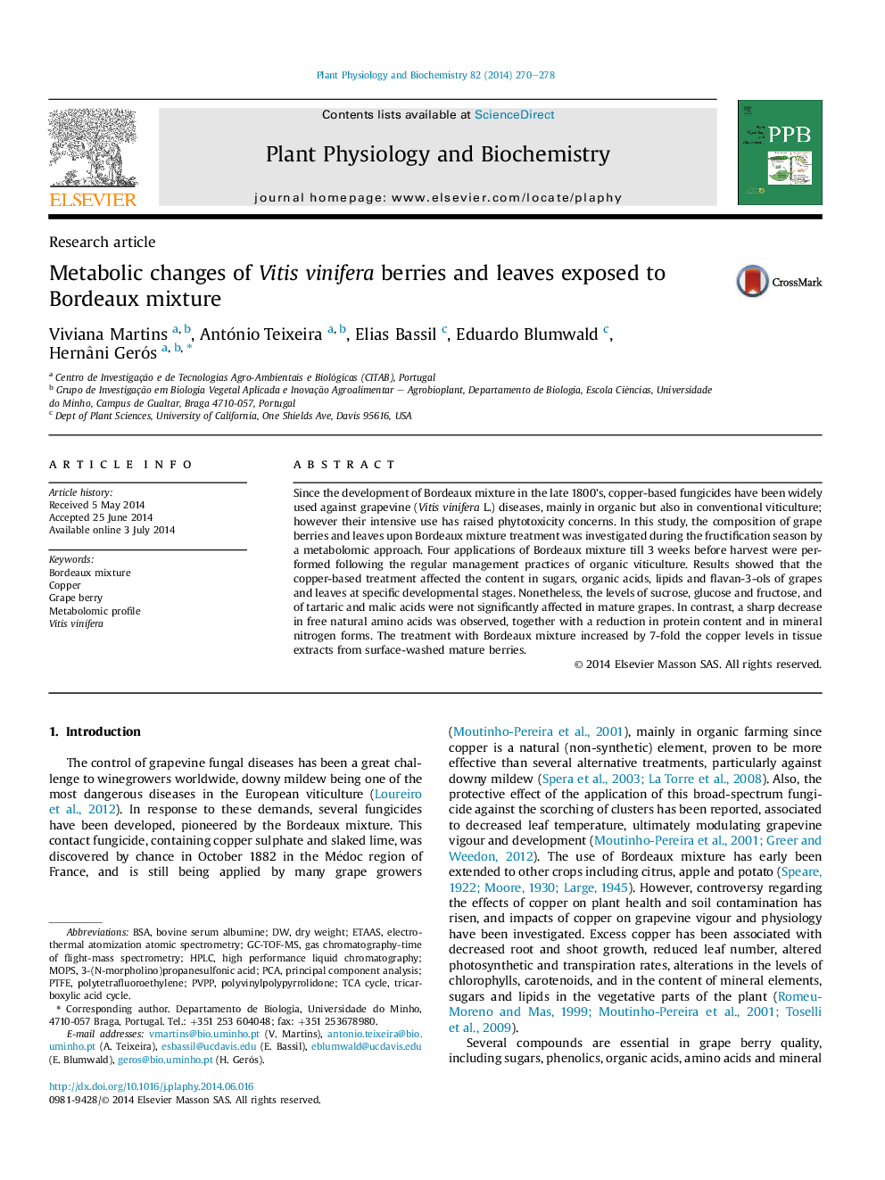 Metabolic changes of Vitis vinifera berries and leaves exposed to Bordeaux mixture