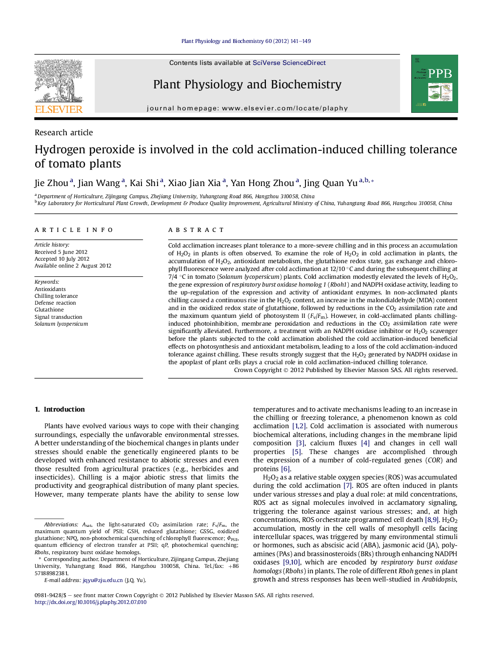 Hydrogen peroxide is involved in the cold acclimation-induced chilling tolerance of tomato plants