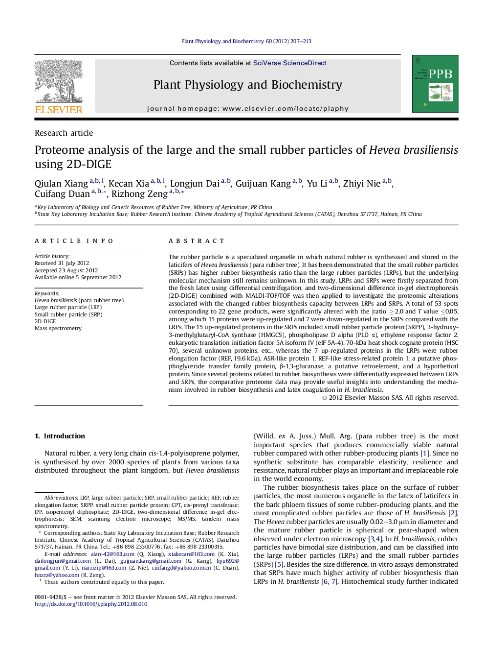 Proteome analysis of the large and the small rubber particles of Hevea brasiliensis using 2D-DIGE