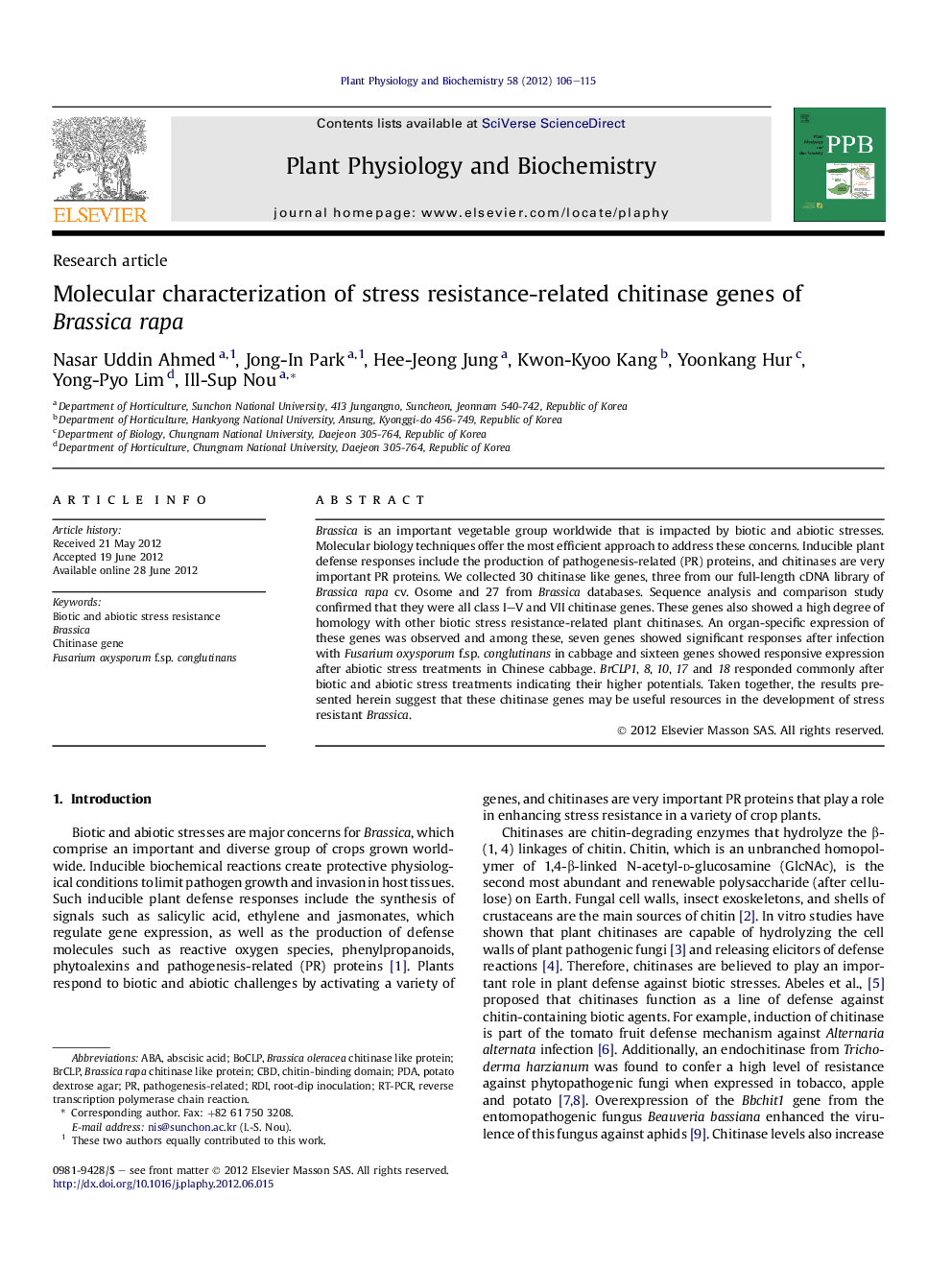 Molecular characterization of stress resistance-related chitinase genes of Brassica rapa