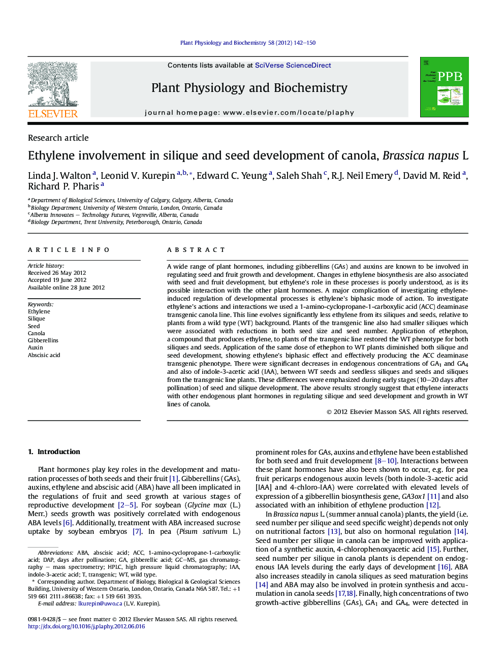 Ethylene involvement in silique and seed development of canola, Brassica napus L