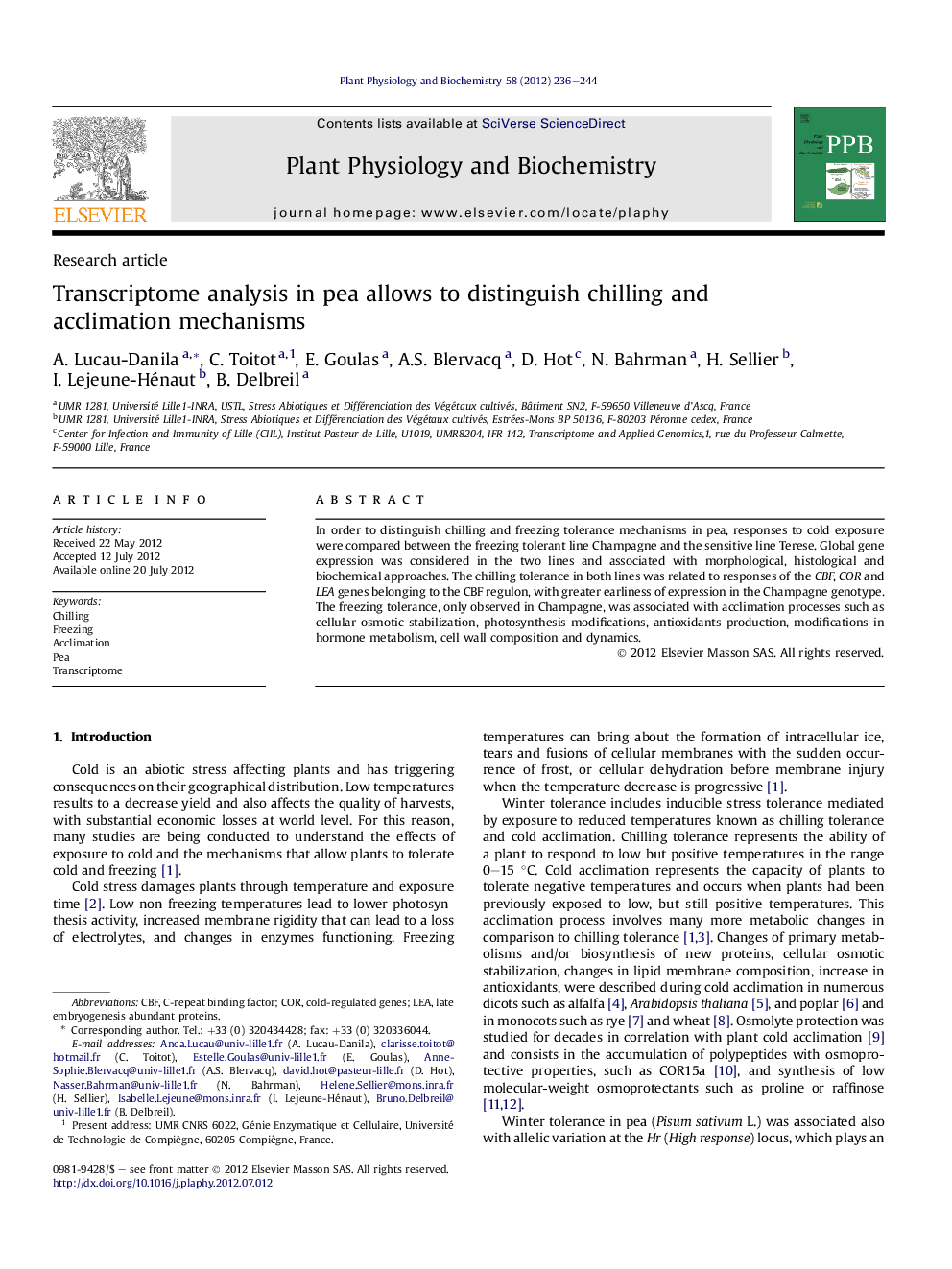 Transcriptome analysis in pea allows to distinguish chilling and acclimation mechanisms