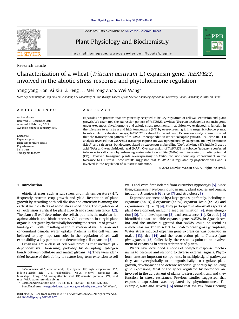 Characterization of a wheat (Triticum aestivum L.) expansin gene, TaEXPB23, involved in the abiotic stress response and phytohormone regulation