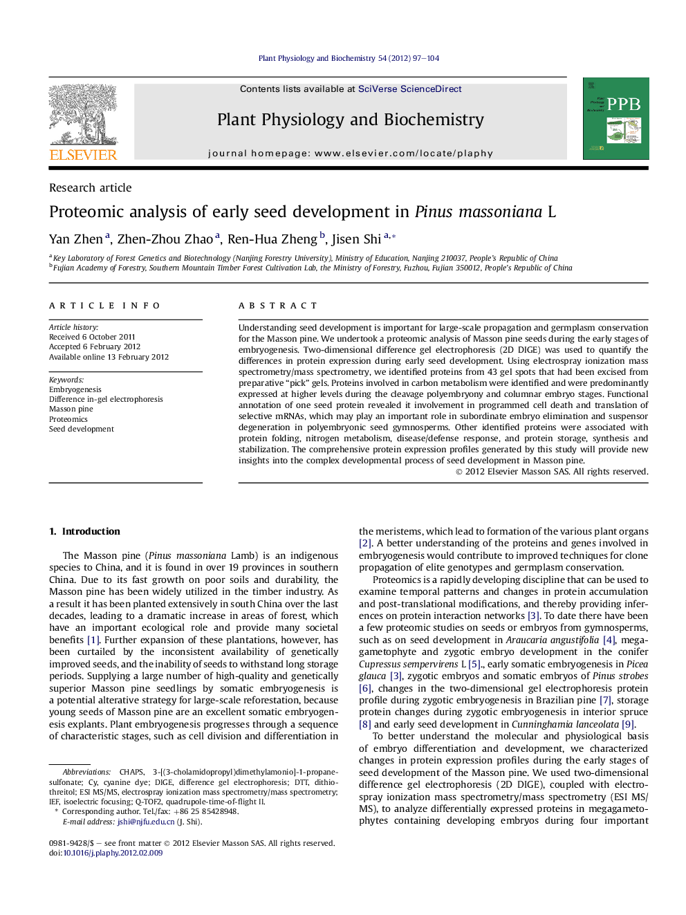 Proteomic analysis of early seed development in Pinus massoniana L