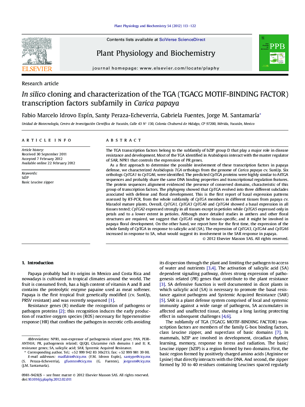 In silico cloning and characterization of the TGA (TGACG MOTIF-BINDING FACTOR) transcription factors subfamily in Carica papaya