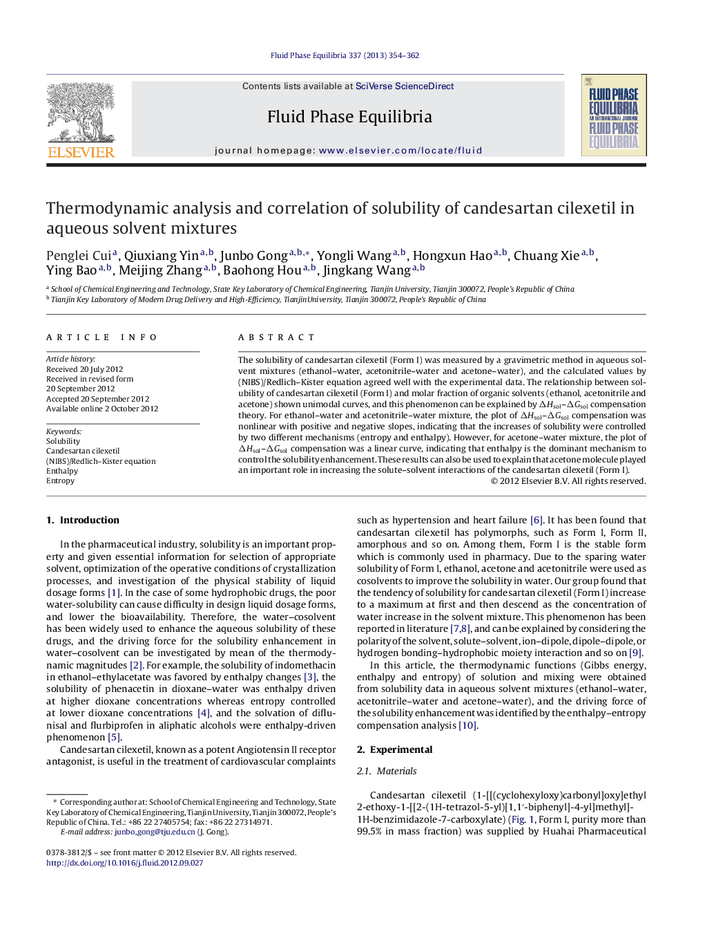 Thermodynamic analysis and correlation of solubility of candesartan cilexetil in aqueous solvent mixtures