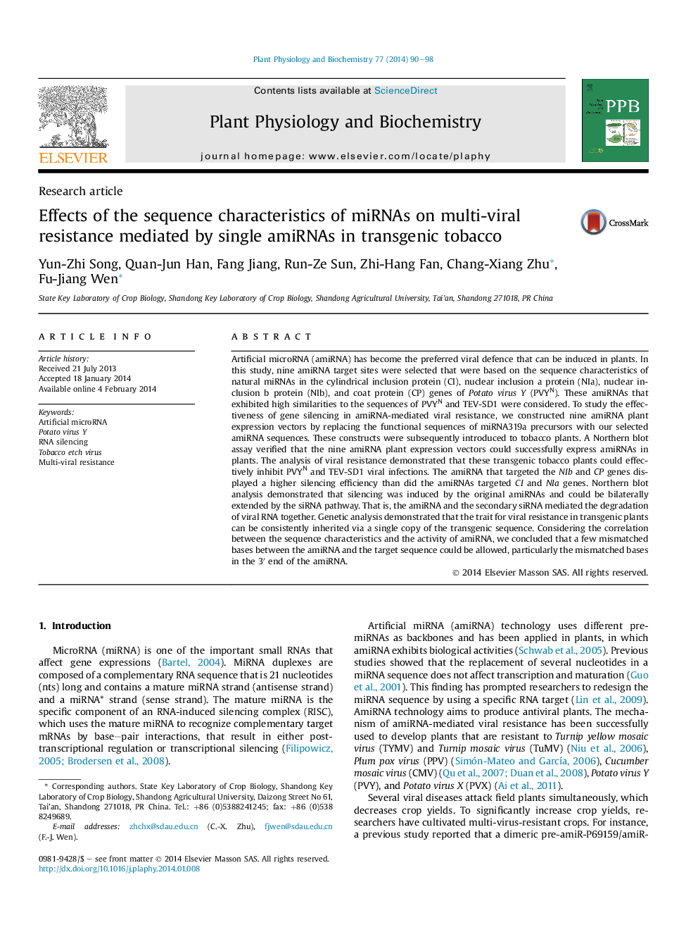 عکس صفحه اول مقاله: Effects of the sequence characteristics of miRNAs on multi-viral resistance mediated by single amiRNAs in transgenic tobacco Effects of the sequence characteristics of miRNAs on multi-viral resistance mediated by single amiRNAs in transgenic tobacco