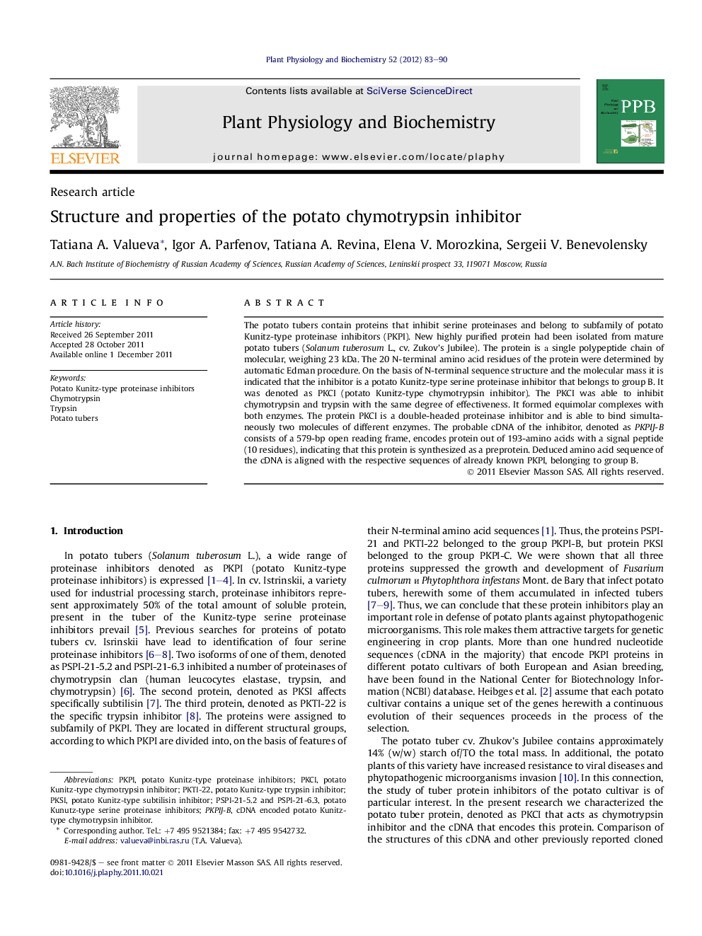 Structure and properties of the potato chymotrypsin inhibitor