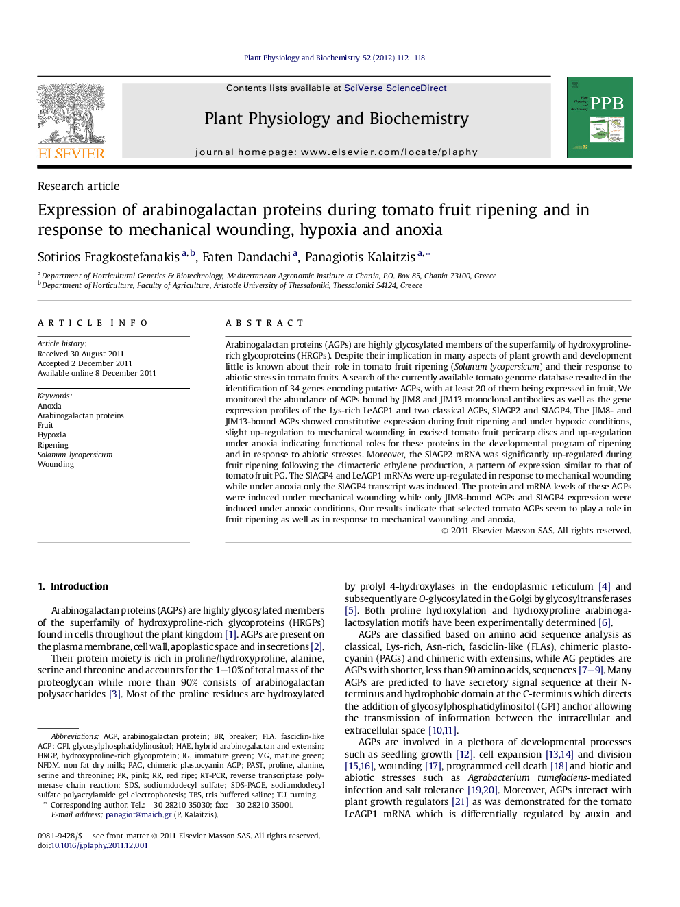 Expression of arabinogalactan proteins during tomato fruit ripening and in response to mechanical wounding, hypoxia and anoxia