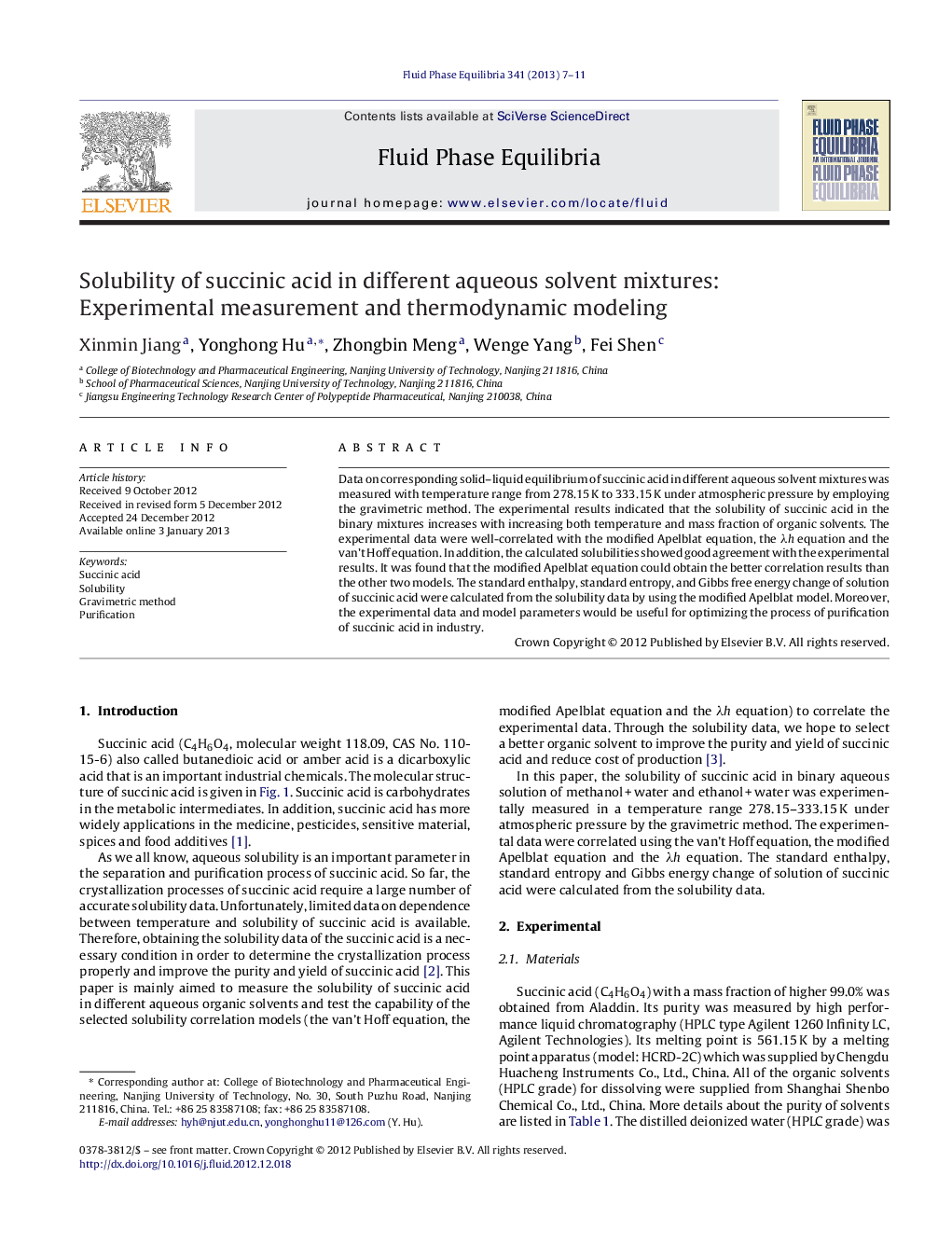 Solubility of succinic acid in different aqueous solvent mixtures: Experimental measurement and thermodynamic modeling