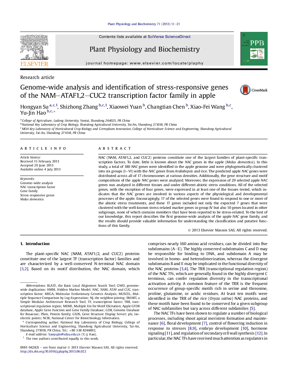 Genome-wide analysis and identification of stress-responsive genes of the NAM-ATAF1,2-CUC2 transcription factor family in apple