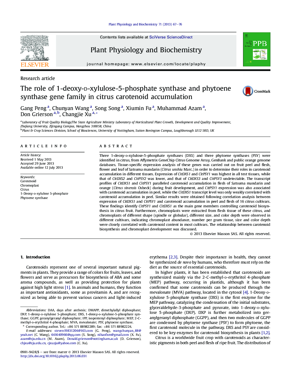 The role of 1-deoxy-d-xylulose-5-phosphate synthase and phytoene synthase gene family in citrus carotenoid accumulation