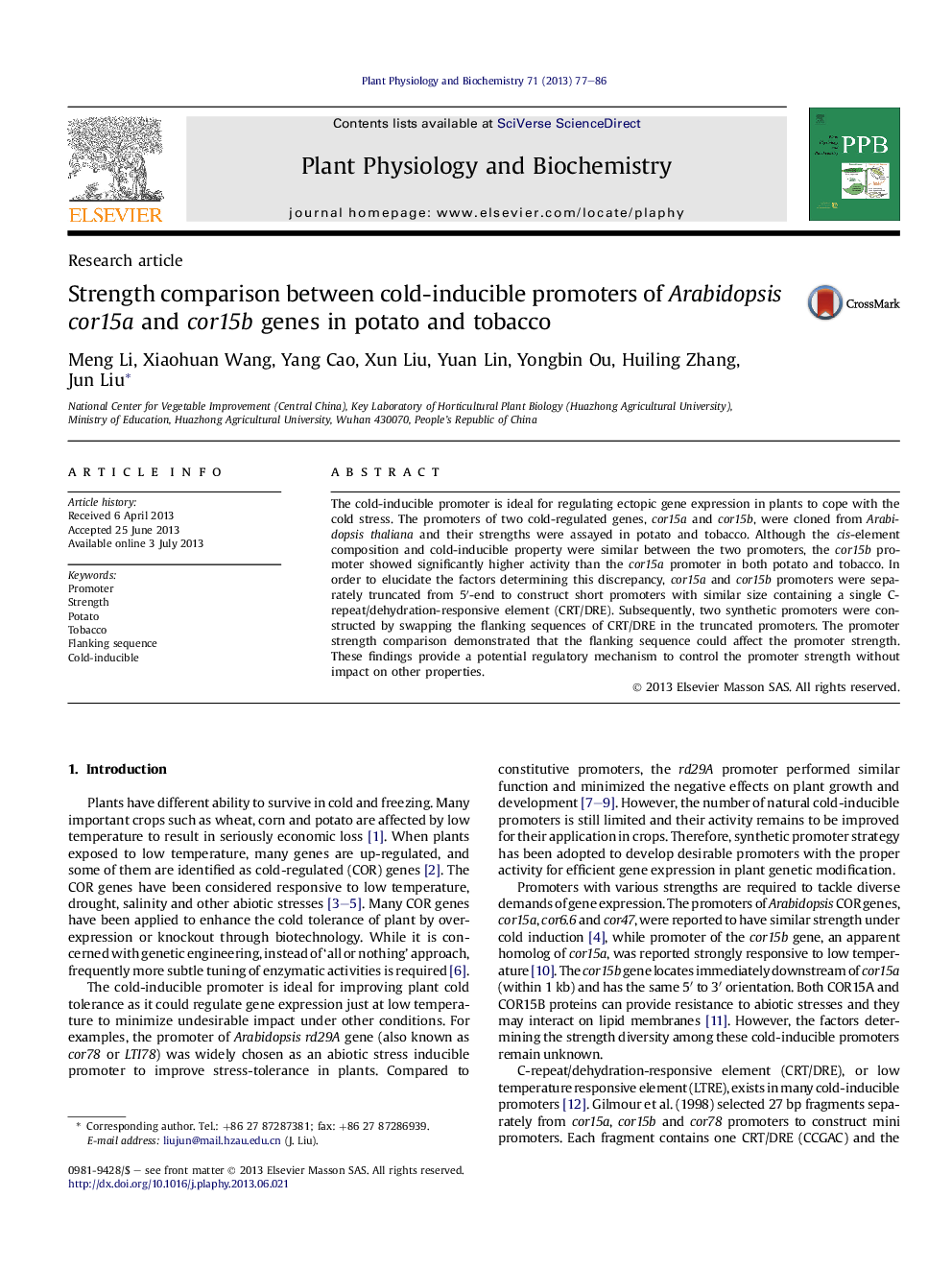 Strength comparison between cold-inducible promoters of Arabidopsis cor15a and cor15b genes in potato and tobacco