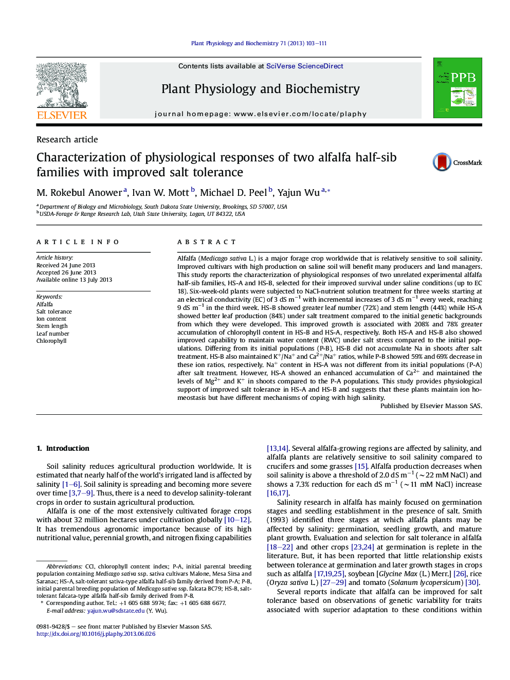 Characterization of physiological responses of two alfalfa half-sib families with improved salt tolerance