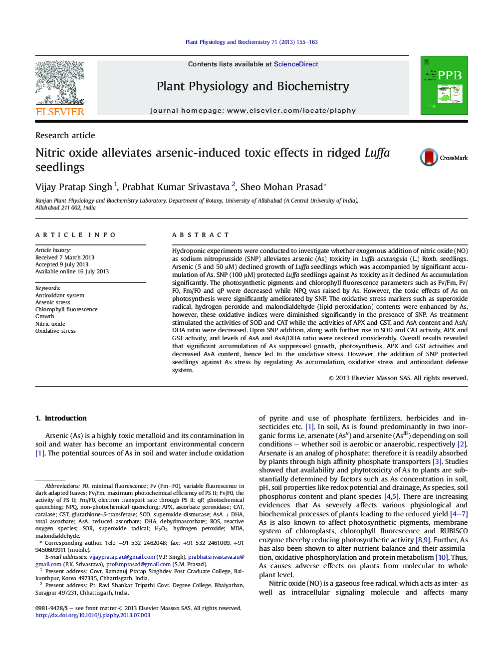 Nitric oxide alleviates arsenic-induced toxic effects in ridged Luffa seedlings