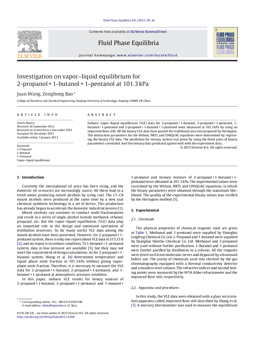 Investigation on vapor–liquid equilibrium for 2-propanol + 1-butanol + 1-pentanol at 101.3 kPa