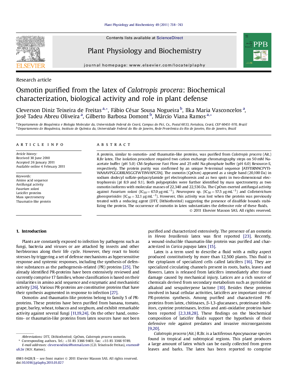 Osmotin purified from the latex of Calotropis procera: Biochemical characterization, biological activity and role in plant defense