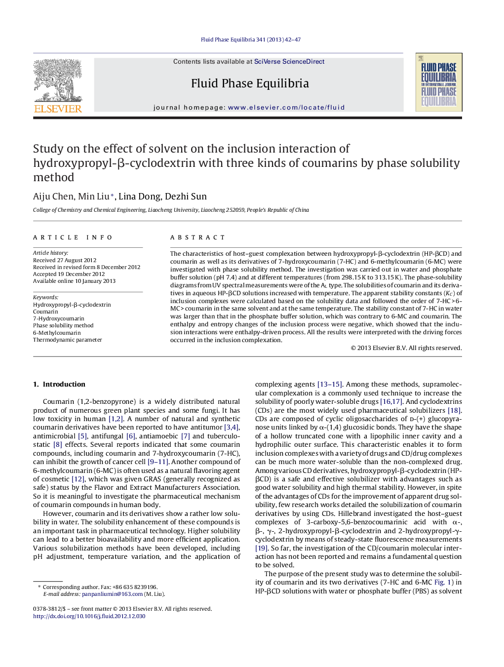 Study on the effect of solvent on the inclusion interaction of hydroxypropyl-β-cyclodextrin with three kinds of coumarins by phase solubility method