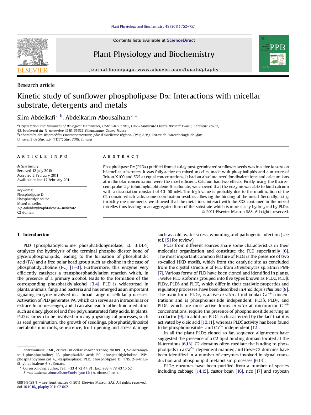 Kinetic study of sunflower phospholipase DÎ±: Interactions with micellar substrate, detergents and metals