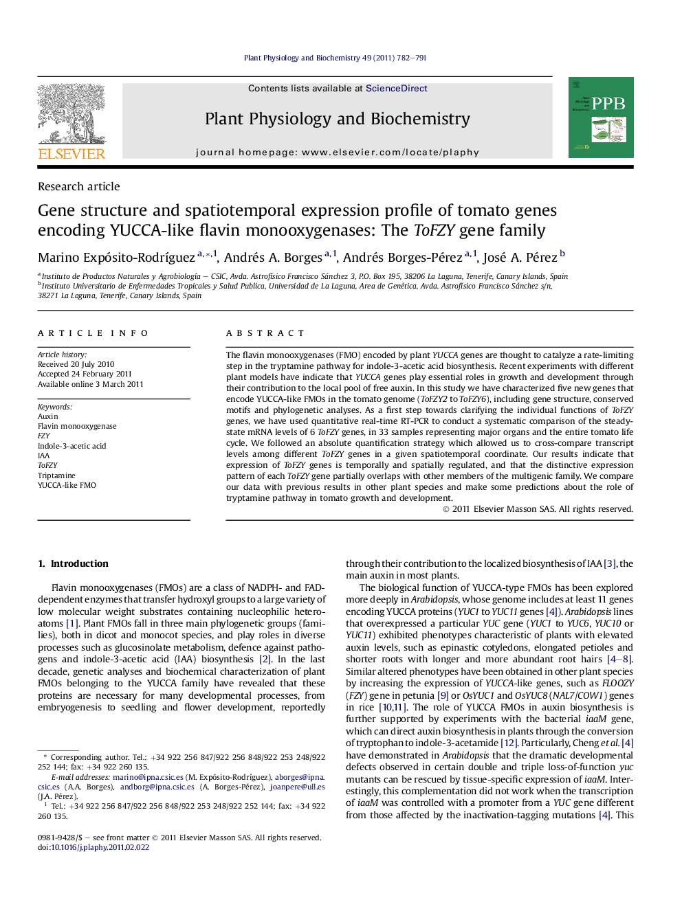 Gene structure and spatiotemporal expression profile of tomato genes encoding YUCCA-like flavin monooxygenases: The ToFZY gene family