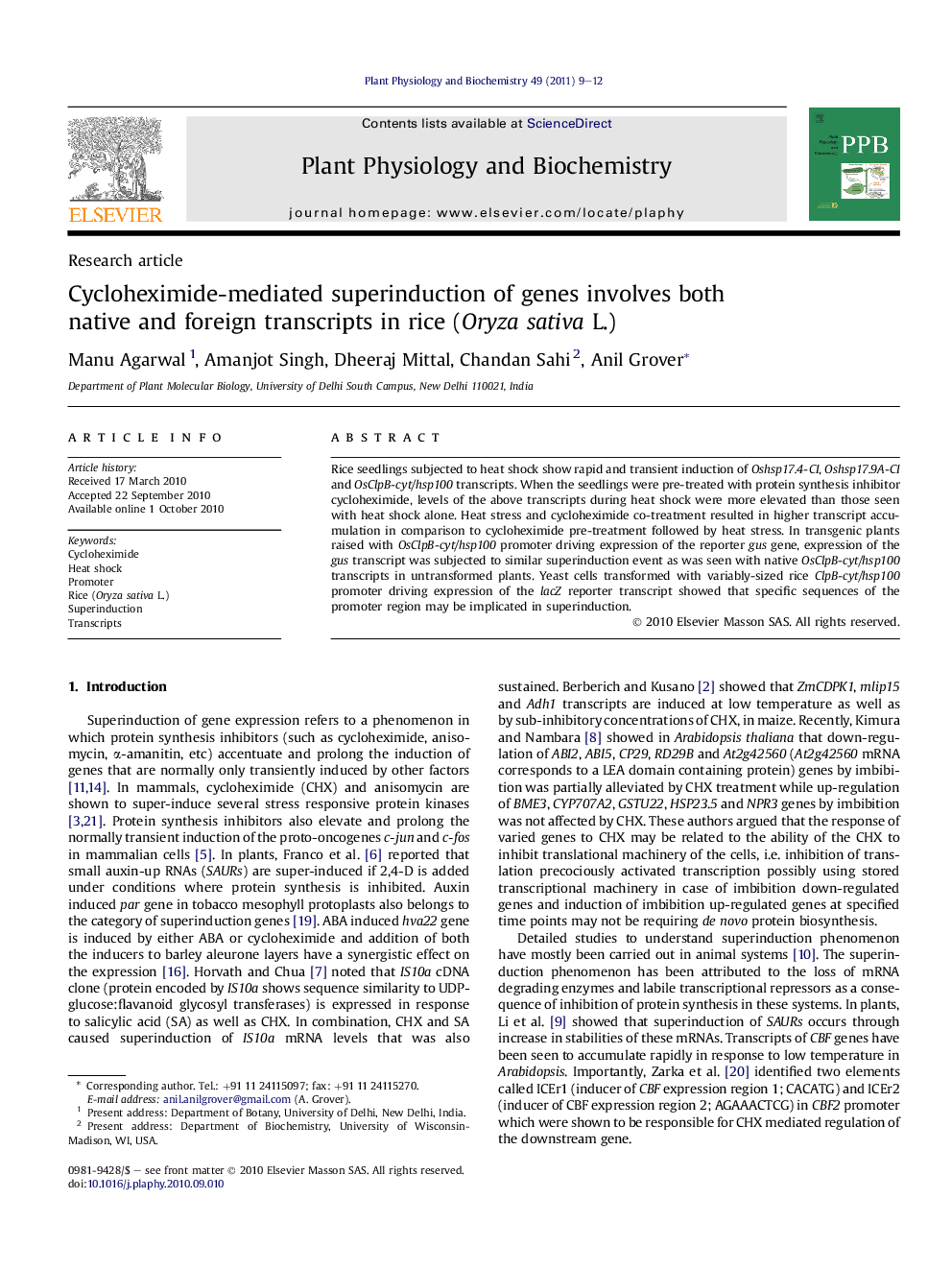 Cycloheximide-mediated superinduction of genes involves both native and foreign transcripts in rice (Oryza sativa L.)