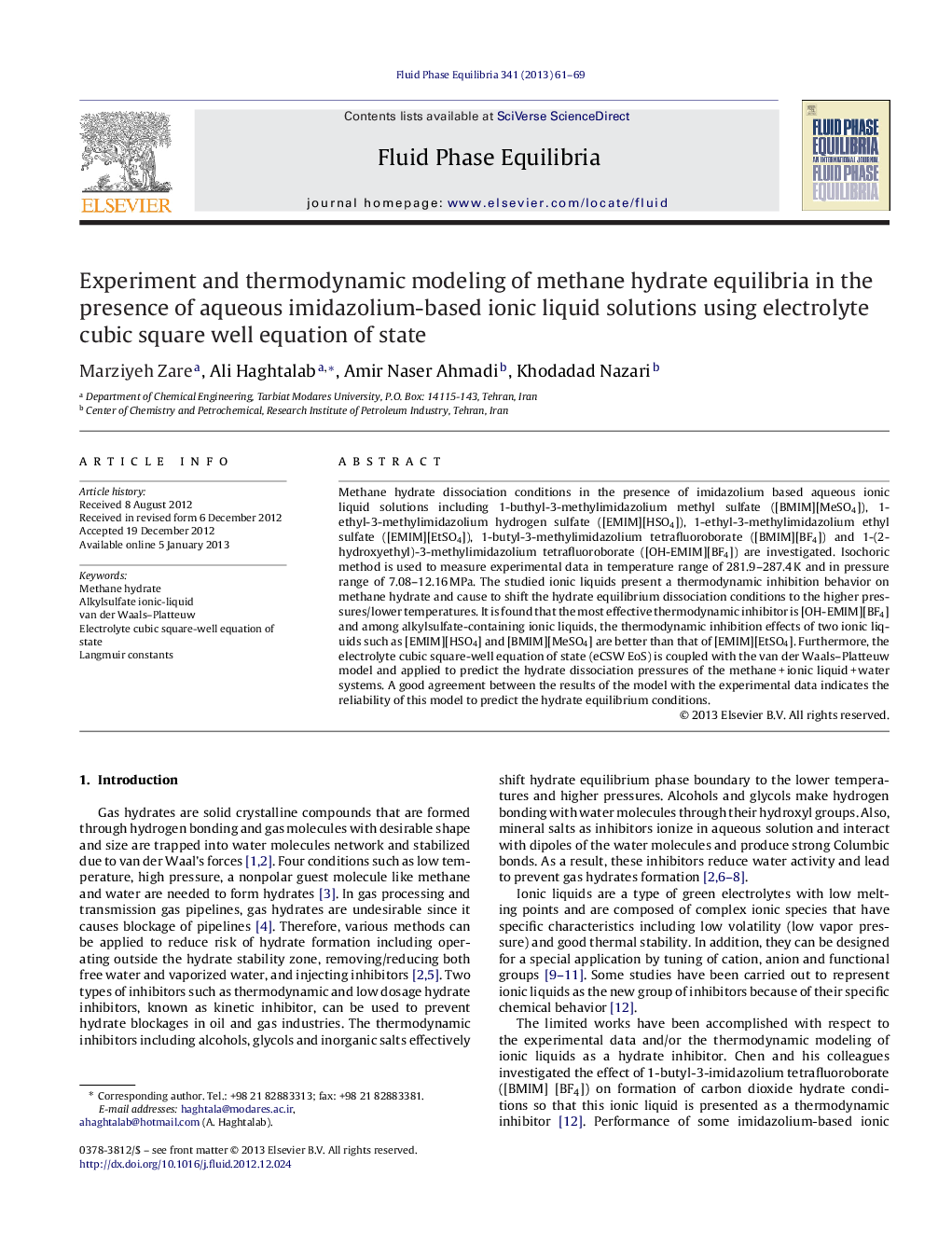 Experiment and thermodynamic modeling of methane hydrate equilibria in the presence of aqueous imidazolium-based ionic liquid solutions using electrolyte cubic square well equation of state