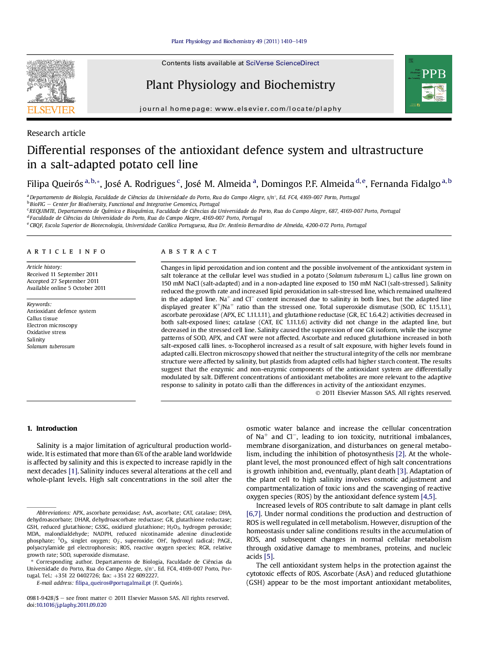 Differential responses of the antioxidant defence system and ultrastructure in a salt-adapted potato cell line