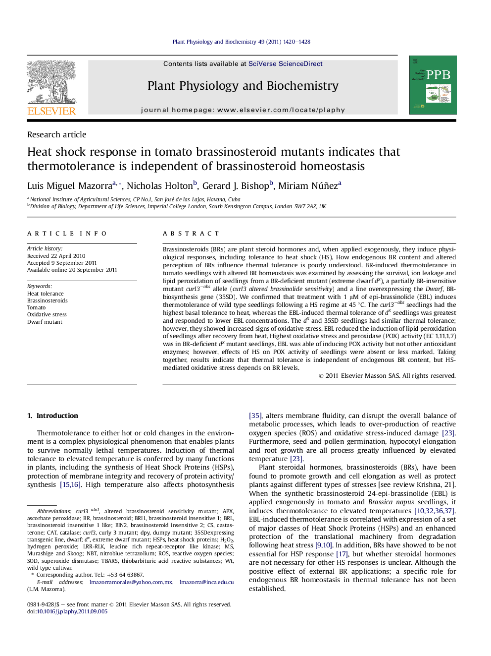 Heat shock response in tomato brassinosteroid mutants indicates that thermotolerance is independent of brassinosteroid homeostasis