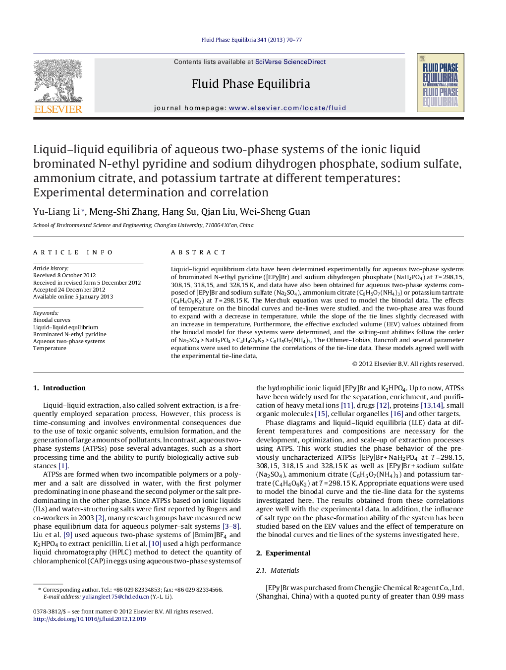 Liquid–liquid equilibria of aqueous two-phase systems of the ionic liquid brominated N-ethyl pyridine and sodium dihydrogen phosphate, sodium sulfate, ammonium citrate, and potassium tartrate at different temperatures: Experimental determination and corre