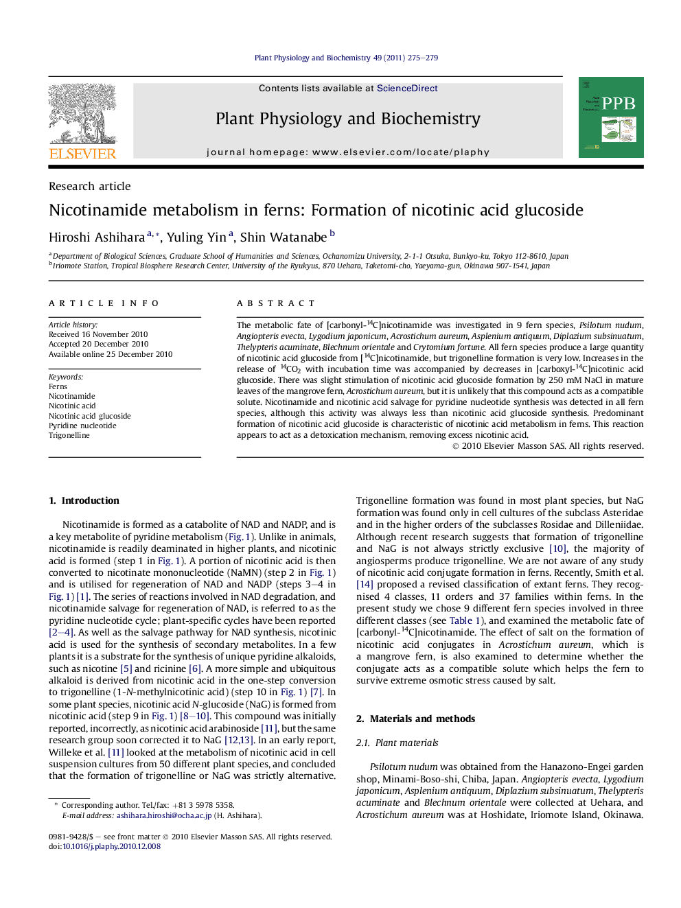 Nicotinamide metabolism in ferns: Formation of nicotinic acid glucoside