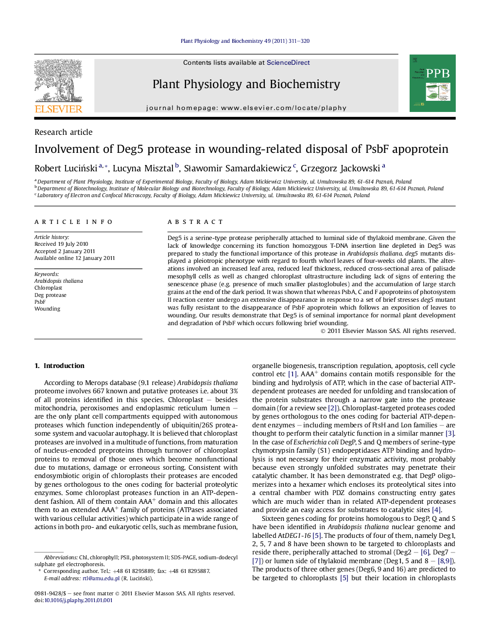 Involvement of Deg5 protease in wounding-related disposal of PsbF apoprotein