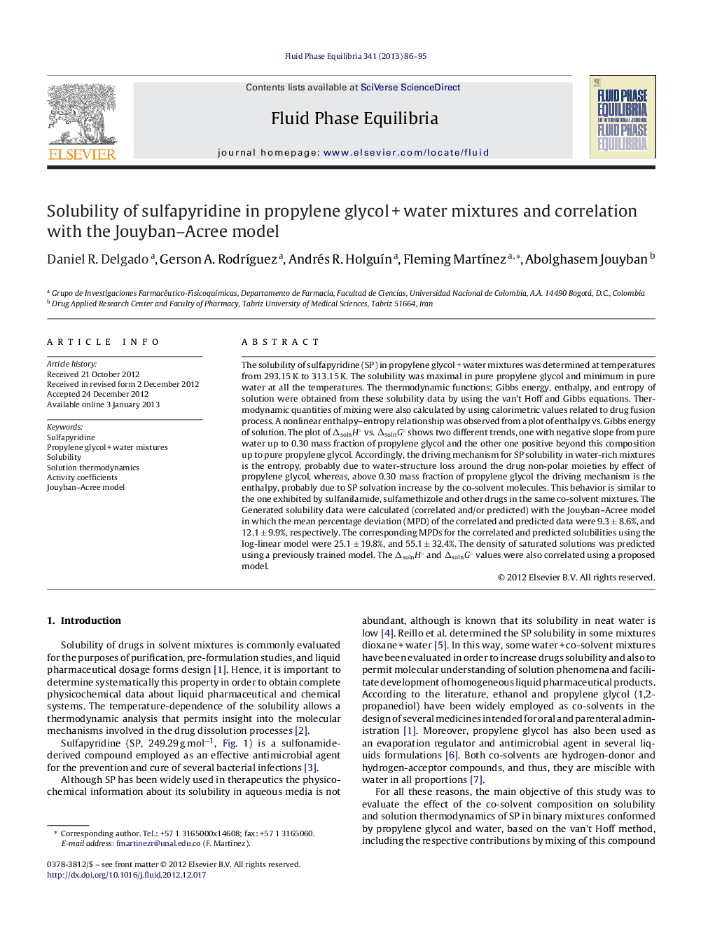 Solubility of sulfapyridine in propylene glycol + water mixtures and correlation with the Jouyban–Acree model