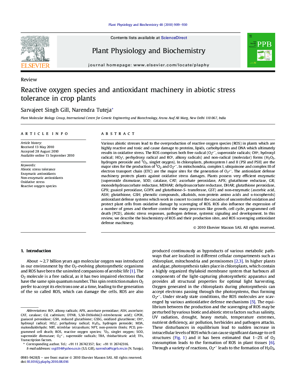 Reactive oxygen species and antioxidant machinery in abiotic stress tolerance in crop plants