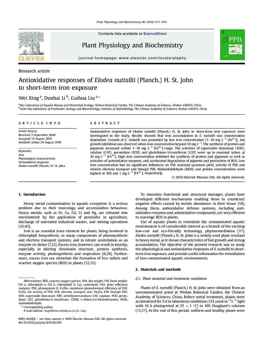 Antioxidative responses of Elodea nuttallii (Planch.) H. St. John to short-term iron exposure