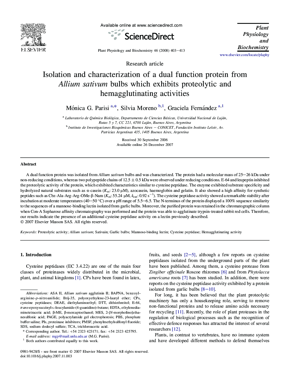 Isolation and characterization of a dual function protein from Allium sativum bulbs which exhibits proteolytic and hemagglutinating activities