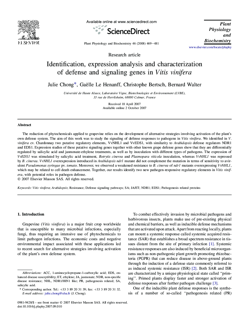 Identification, expression analysis and characterization of defense and signaling genes in Vitis vinifera